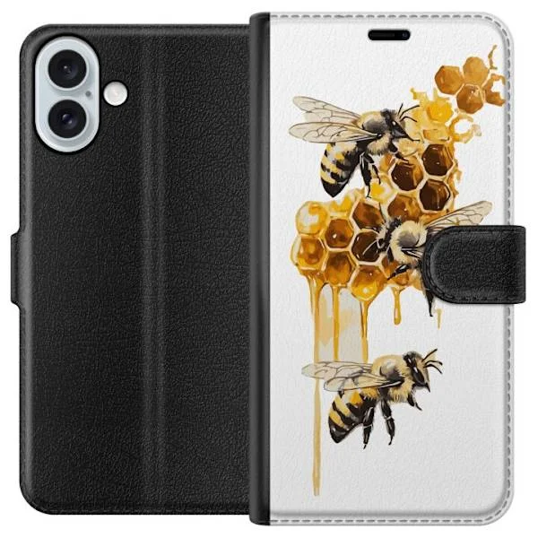 Kompatibelt Plånboksfodral till Apple iPhone 16 Plus Bin och honungskakor, naturinspirerad design i gyllene nyanser, varm känsla av sommarblommor och