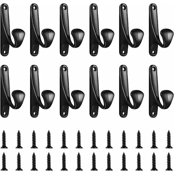 12 Black Coat Hooks, Decorative Metal Hooks for Heavy Duty Garment Racks, Bags, Hangers, Stainless Steel, Hanger Organizer with 24 Screws