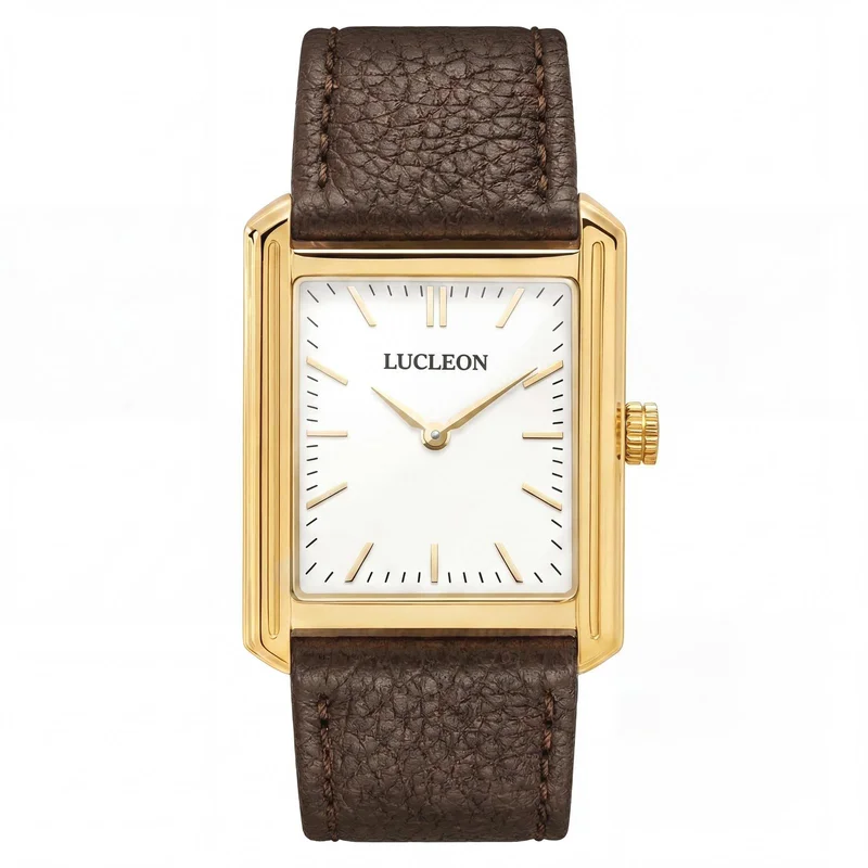 Legacy | Retro Squared Gold-tone Watch with White Dial and Dark Brown Leather Strap for Men - Wrist watches