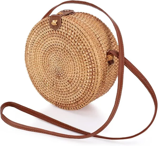 Round Rattan Bag, Bohemian Rattan Bag Handmade Round Woven Bag for Women Summer Beach Bag Classic Rattan Shoulder Bag Chic Straw Crossbody Bag