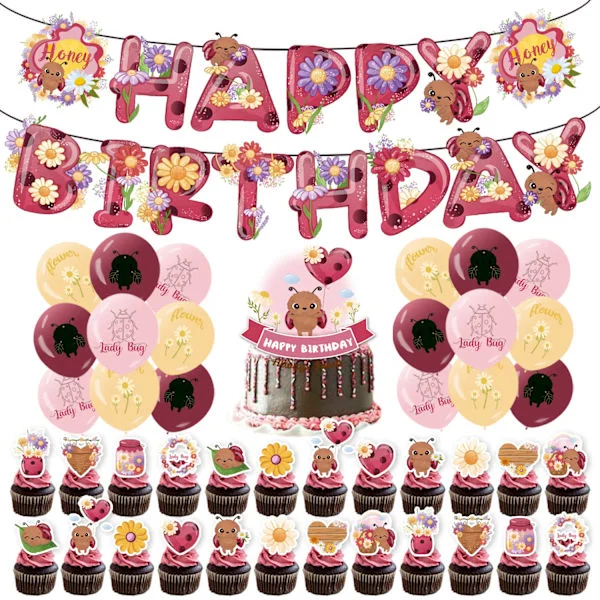 Happy Birthday Ladybug Banner Cake Topper Balloon Birthday Party Decoration Ladybug Theme Party Decoration 24 + 6 Cupcake Topper Kit