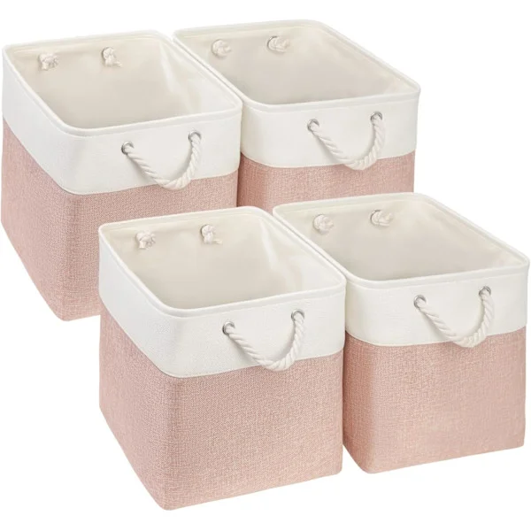 Sammenleggbare Oppbevaringskurver i Stoff for Organisering av Klær, Hylle på Barnerom, Garderobe (Rosa/Hvit, 28*28*28cm)