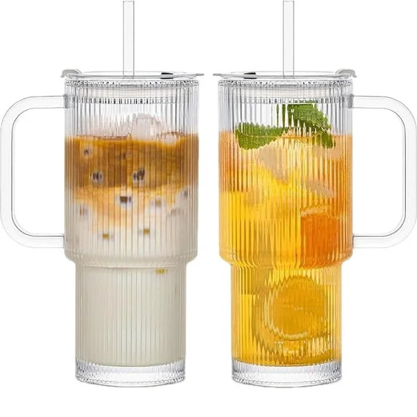 24Oz Ribbede Glas Tumblere med Låg og Sugerør, Glas Tumbler med Håndtag, Vintage Glas Kopper Tykke Drikkeglas Sæt af 1, Ideel til Iskaffe