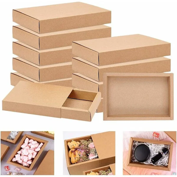 12 stk Kraftpapirbokser 19x14x5,2 cm Kraftboks med lokk Kraftpapir gaveeske Liten pappeske for godteri Sammenleggbare Kraftpappesker for Ca
