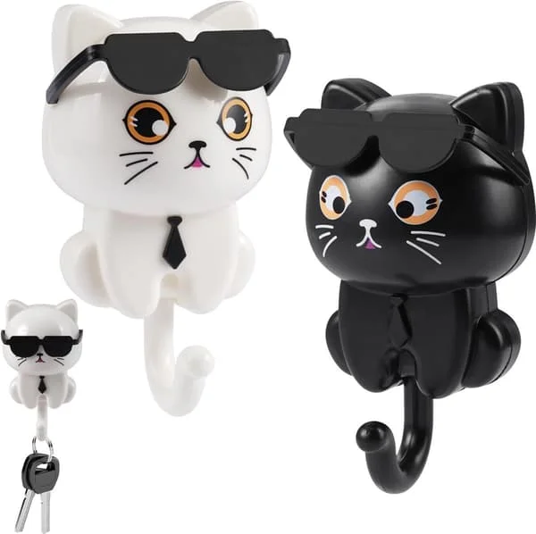 Sunglasses Cat Key Hooks - Self-Adhesive Coat Hooks - with Wall Mounted Key Holder - Hanging Cat Hook, Waterproof - Cat Key Holder for