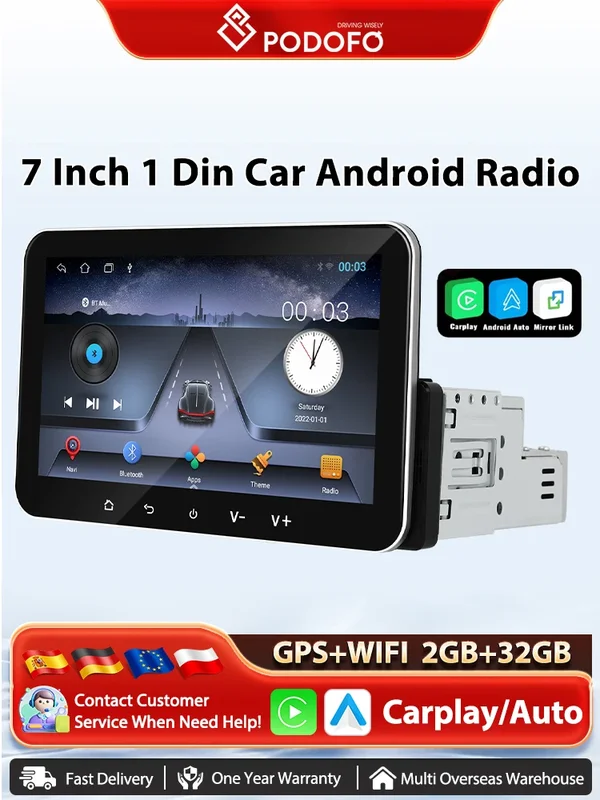 AliExpress - Podofo 2 + 32G Android 1 Din autoradio sans fil Carplay lecteur multimédia WiFi GPS Radio FM récepteur de Radio FM à écran divisé