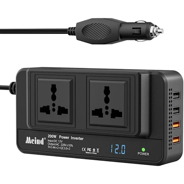 200W Bilomformer DC 12V til AC 220V med 2 Uttak 4 USB-porter Hurtiglading Kompatibel med de fleste kjøretøy