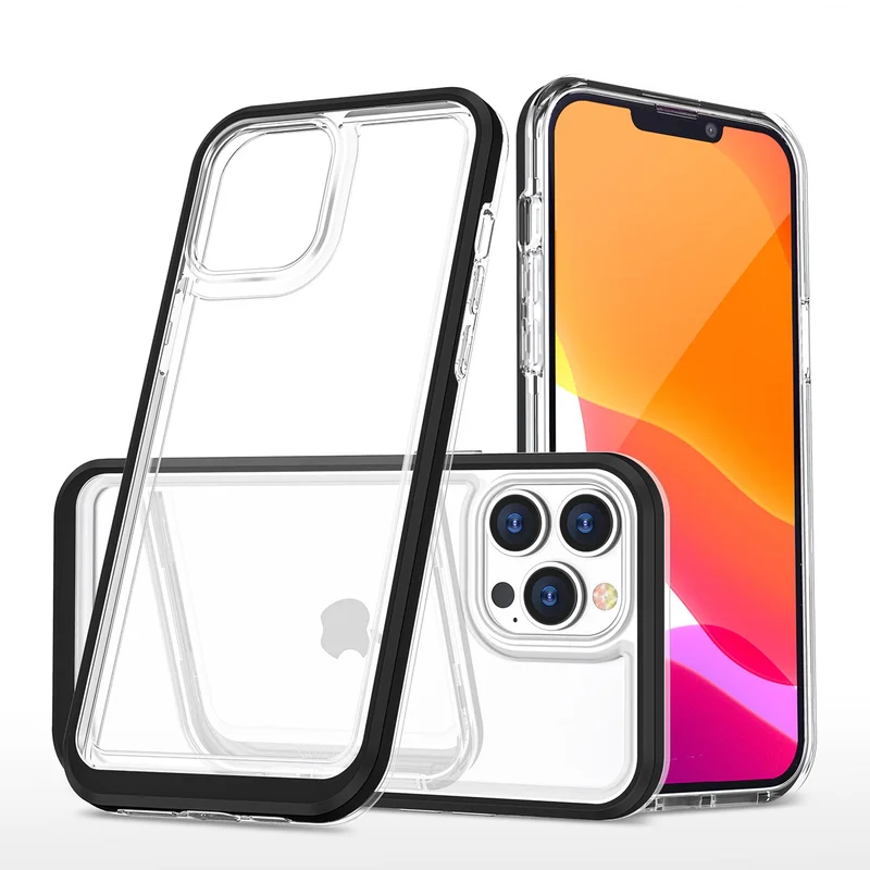 Gjennomsiktig 3-i-1-etui for iPhone 14 Pro silikondeksel med ramme svart
