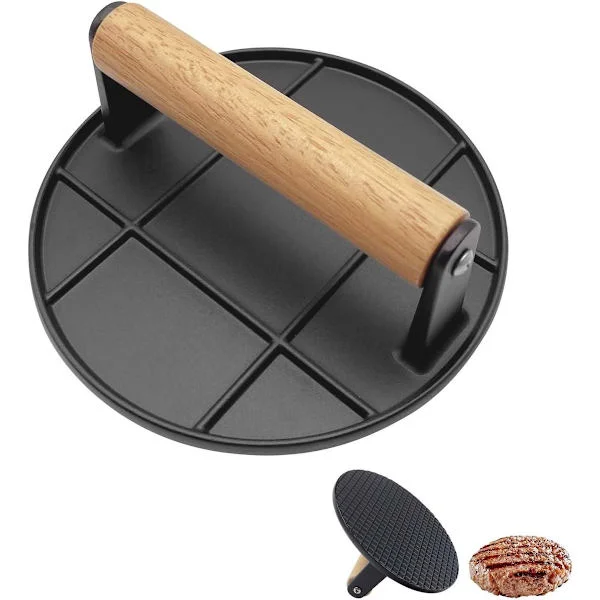 Smash Burger Press- 16 cm rund hamburgerpress- värmebeständigt trähandtag- klisterfri hamburgerpress för grillning- svart