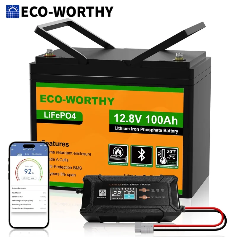 AliExpress - ECO-WORTHY 12V 100Ah LiFePO4 Bluetooth mit 12/24V 20A Ladegeräten, Lithiumbatterie 12V 100AH mit BMS Niedertemperaturschutz