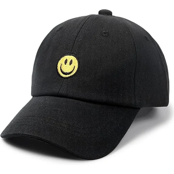 Basebollkeps för småbarn med smiley-ansikte, tvättade roliga hattar för barn, justerbara söta kepsar för 3-12 år, svart