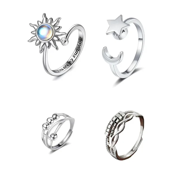 4 st Fidget ångest ringar Justerbara ringar set Justerbara ringar Fidget ringar Dampärlband,Stackbara Silver