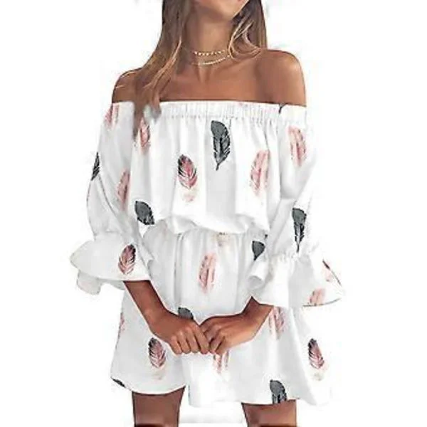 Dame Blomsterprint Off Shoulder Kjole Flæse Lange Ærmer Høj Talje Flæse Tunika A-Linje Flowy Kjole