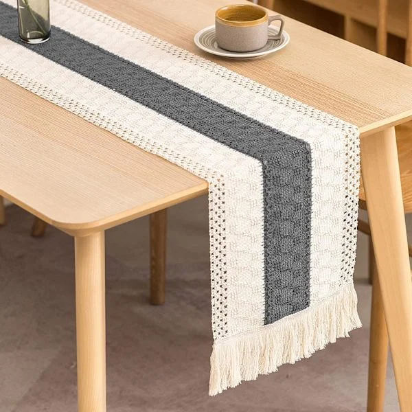 Bordløper i bomull og lin, Khaki Boho heklet løper, Moderne striper