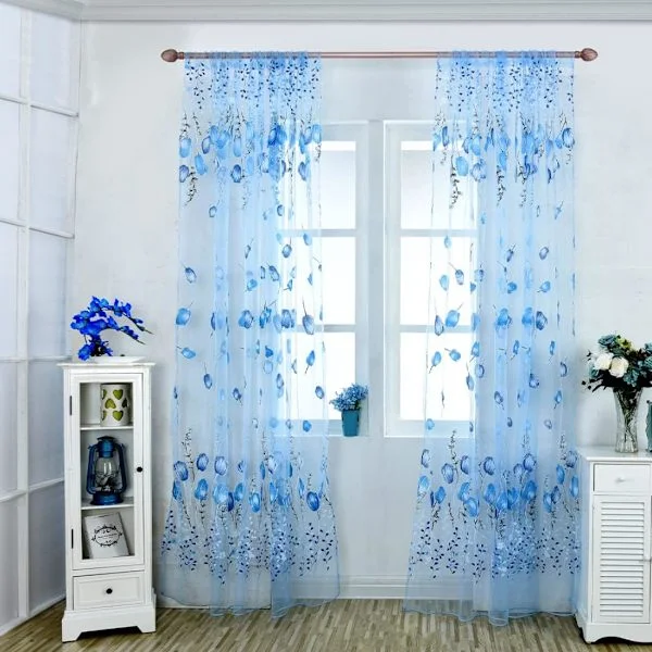 Sheer Curtains with Tulip Pattern, Printed Curtains for Living Room, Bedroom, Home Decor, Blue 100 * 200 cm