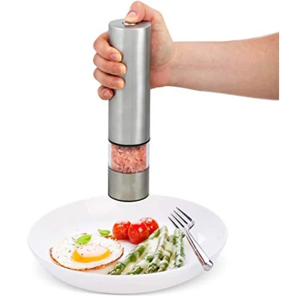 Ny salt- eller pepparkvarn - Batteridriven set elektrisk pepparkvarn - Rostfritt stål svart pepparkvarn & Himalaya rosa saltströare med LED-ljus