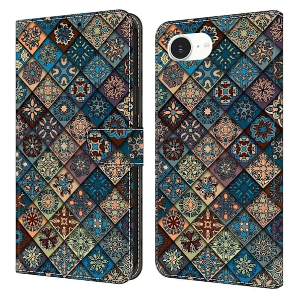 iPhone 16e Plånboksfodral Mönster Tryck Stativ Läder Flip Phone Cover - Blå Blommor