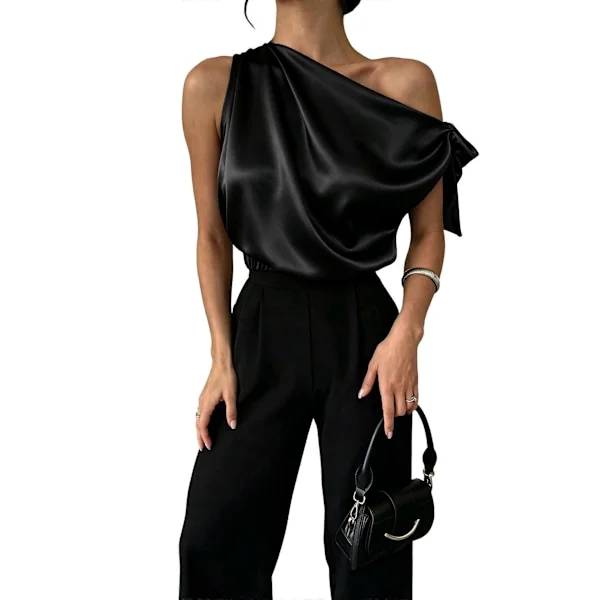 Dame Off Shoulder Topper Uformell Kortermet Asymmetrisk Hals Sateng Bluse Skjorter Svart XL