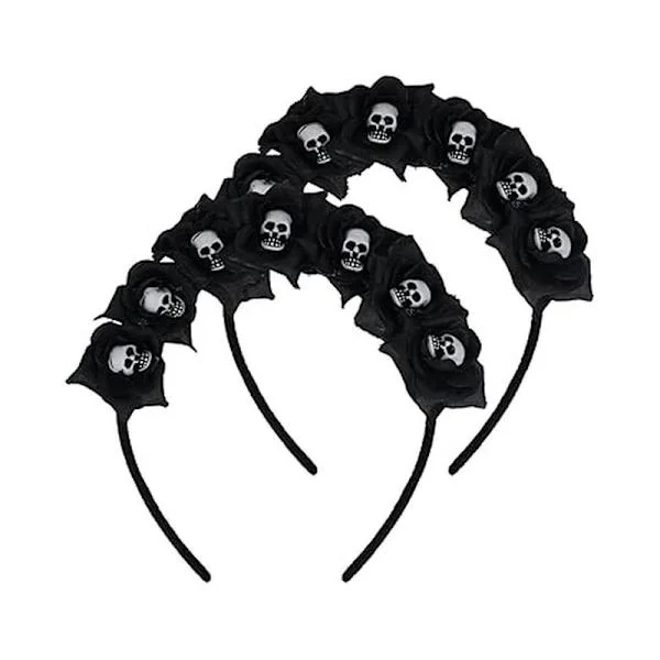 2-pack Halloween Skull Headpiece Svart Ros Blomsterkrans Hårband De Dödas Kostym Blomsterkrans Huvudbonad för Halloween Dekor