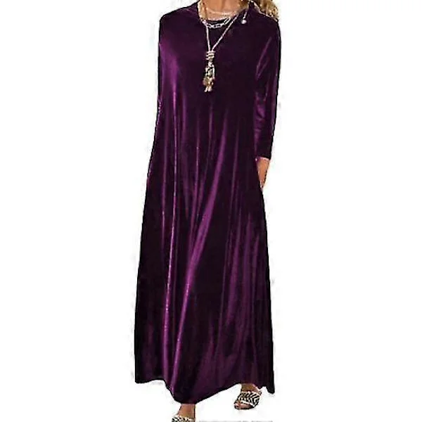 Autumn Spring Women Dress Round Neck Loose Solid Color Long Sleeve Sweater Soft Warm Casual Ankle Length Maxi Dress purple