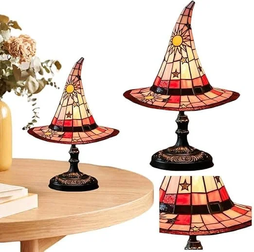 18 cm Tiffany Häxhatt Bordslampa, Retro USB-strömbrytare LED Nattlampa i Färgat Glas, Kreativ Häxhatt Dekor Stämningsfull Skrivbordslampa