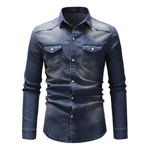 Men's Long Sleeve Denim Shirt, Dark Blue XXL