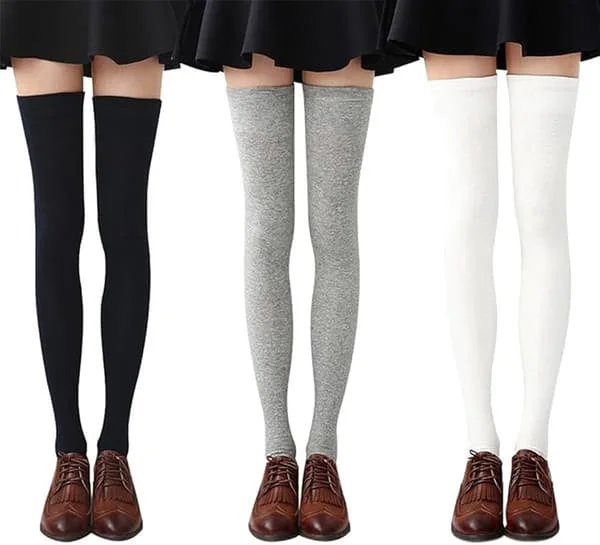 Women's Knee High Socks, 3 Pairs, Simple Style, Sexy, Long Stockings, Warm Thigh High Socks, Black + Grey + White, One Size