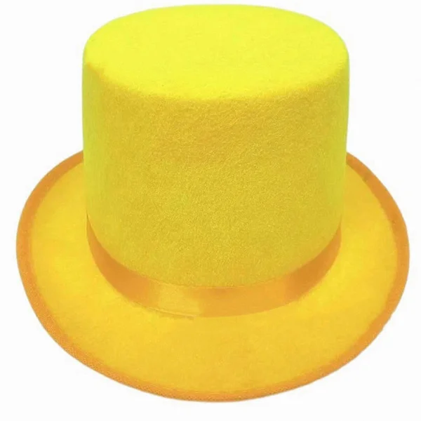 Gul høy flosshatt for voksen cosplay, bowlerhatt med rullet brem, sceneopptreden hodeplagg, tryllekunstnerkostyme tilbehør, Halloween festdekorasjon