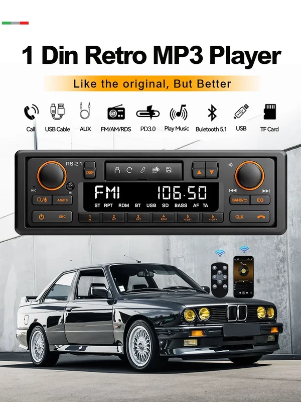 AliExpress - 1 Din MP3 Autoradio im Retro-Stil Bluetooth 5.1 AUX FM AM RDS EQ QC3.0 Sprachsteuerung 12V Multimedia-Stereo-Haupteinheit USB TF-Player