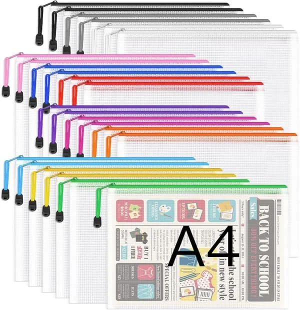 A4 plastfickor med dragkedja - 24 st dragkedjeförvaringsväskor i nät med dragkedja Dokumentplånbok Hållare Reseförvaringspåse för kontorsmaterial och 