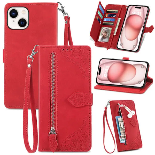 Lämpligt iPhone-mobilfodral - mobiltelefonfodral i läder med flip-fodral präglat kortfack läderfodral Röd iPhone 11 iPhone 11 Röd iPhone 11 Röd