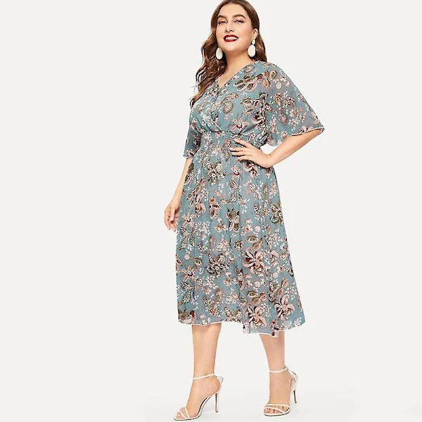 Sommar Dam Plus Size Blommig V-ringad Kortärmad Hög Midja A-linje Chiffong Lång Klänning
