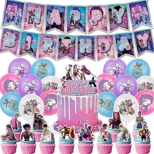Kpop Demon Hunters Bursdagstema Festdekorasjoner Banner Kake Ballonger Festrekvisita Sett for Barn (LGL)