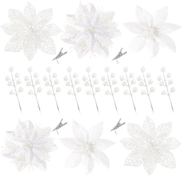 30 Pieces 3 Styles Christmas Glitter Poinsettias Artificial Berry Picks Christmas Tree Ornaments Artificial Christmas Flowers with Clips (White)