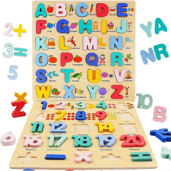 Träpussel för småbarn, 2-pack överdimensionerade trä-ABC-alfabetet siffror form pussel 1-6 år gammal, förskoleutbildning pussel bokstäver block lära