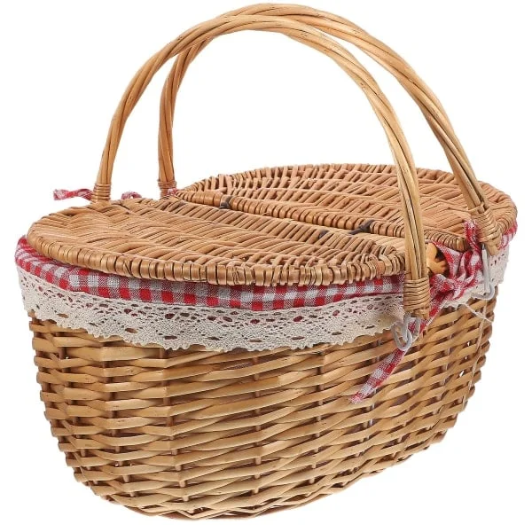 Picnickurv med Håndtag og Låg, Flettede Kurve i Vidje, Rustik Opbevaringskurv 35X25X17CM