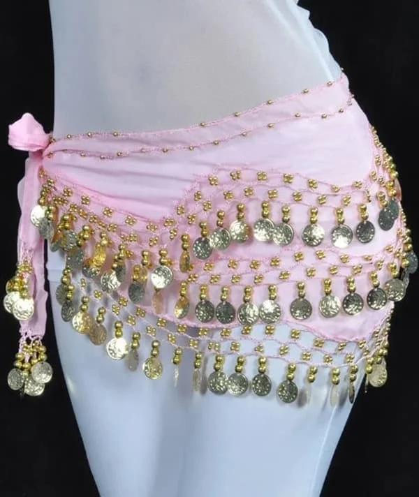 Mavedans Tørklæde med Guldmønter - 150 cm - Hoftetørklæde - Pink