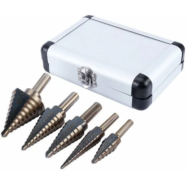 5-piece HSS Step Drill Bit Set with Titanium Coating and Storage Box