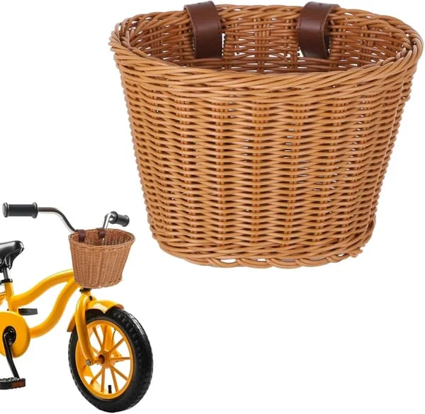 Kids' Front Bike Basket, Bicycle Hanging Basket with Adjustable Straps, Weatherproof Premium Hand-Woven Rattan Storage Bike Basket Cycling Accessories