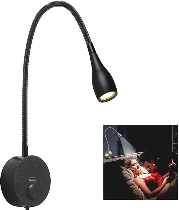 Dimbar sengelampe, minimalistisk LED-sengelese-lampe, sengegavl veggmontert med USB-lader (matt svart)