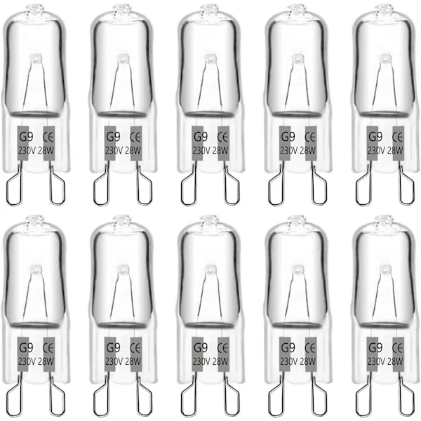 G9 halogenpære, 230V, 28W, dimbar, 370 lumen, varmt hvitt lys, 2700K, G9 kapsel halogenpære, pakke med 10.