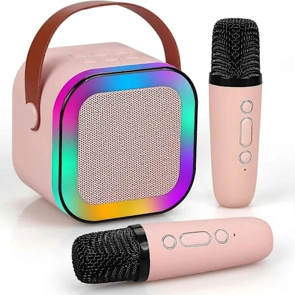 Mini karaokemaskin for barn og voksne, bærbar Bluetooth-høyttaler med 2 trådløse mikrofoner, bursdagsfest sang leketøy gave rosa