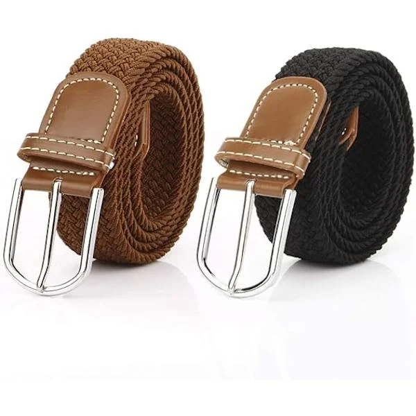 2-pack flätade bälten för kvinnor, stretchiga canvasremmar, herr