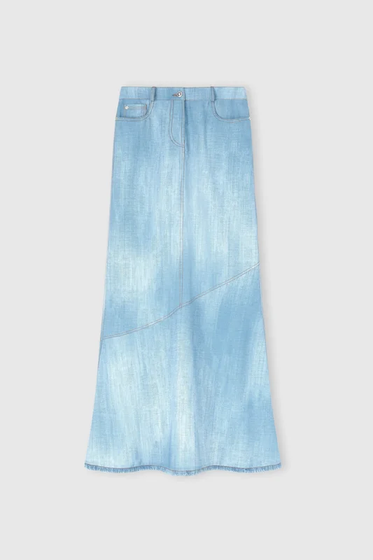 Ermanno Scervino Long Skirt in Marocain Jeans Print, Light Blue
