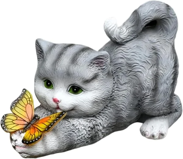 Solcellelamper Utomhus Hagedekorasjoner Solcelle Katt Hagedekor Resin Katt Statue LED-lys Solcellelampe for Hagedekor Grå