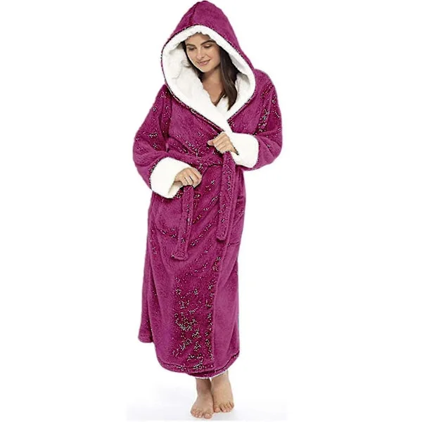 Dam Sherpa Fleece Badrock Mjuk Morgonrock Med Huva Fluffig Frotté Badrock Rose Red