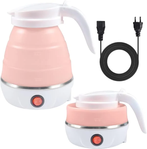 Sammenleggbar elektrisk, silikon reisevannkoker, bærbar vannkoker mini reisevannkoker med bunn i rustfritt stål (rosa) Rosa