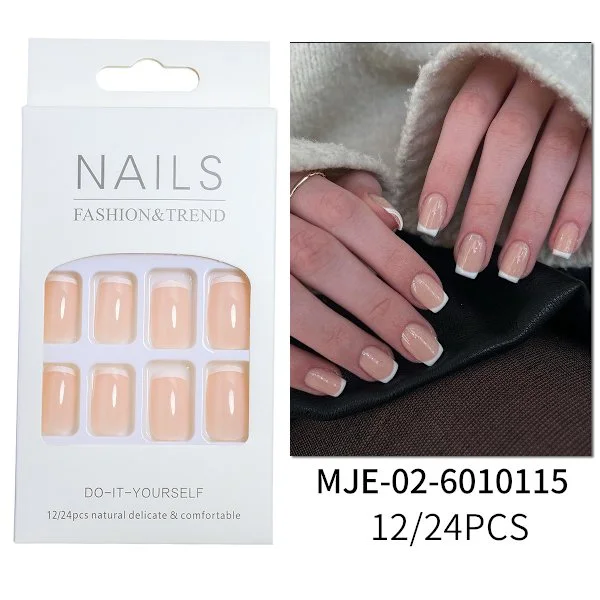 【DENGTU】Timeless, press-on nails with nail glue, French style, medium size, square shape, contains 24 nails, 2g glue, 1 manicure stick