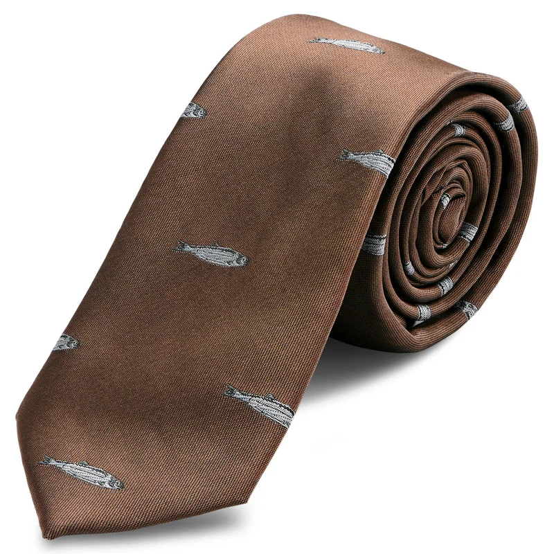 Corbata estrecha marrón con peces para hombres - Corbatas estrechas