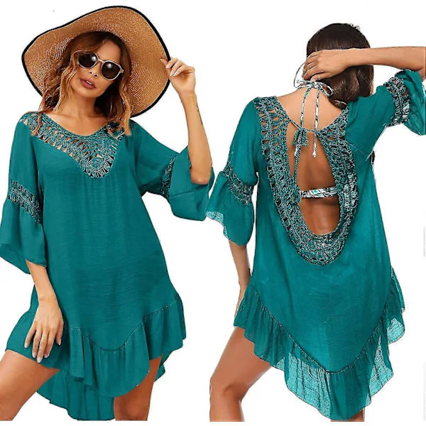Baddräktsöverdrag Dam Baddräktsklänning Plus Size Sexig Bikini Strandtunika Topp Sommar mörkcyan